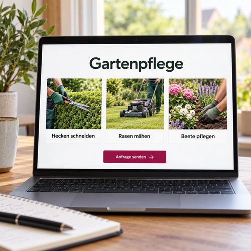 Laptop mit einer fiktiven Gartenpflege-Website und drei klar benannten Leistungen.